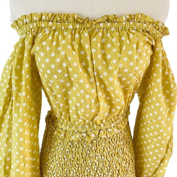 Alexis Marilena Smocked Polka Dot Off Shoulder Mini Dress yellow size large L - Picture 5 of 10